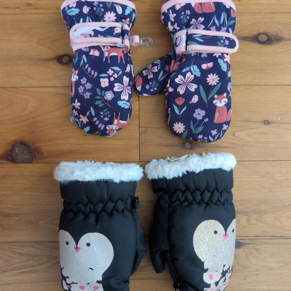 Toddler Mittens Bundle Lot Of 2 Sets Purple Woodland, Black Penguin Size 2t